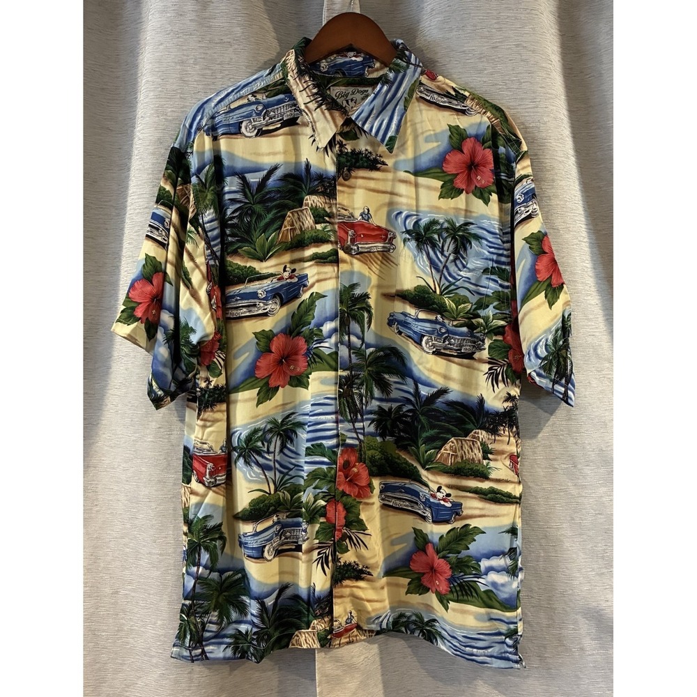 Vintage Big Dogs‎ Rayon Hawaiian Shirt Mens Size L Floral Car Dog Tropical